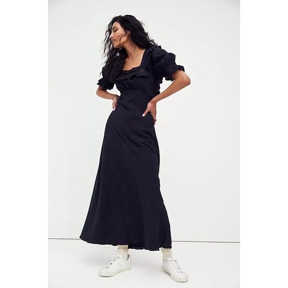 NEW FREE PEOPLE ENDLESS SUMMER Sz L NOW AND FOREVER MIDI MAXI DRESS Black Linen - Picture 2 of 10